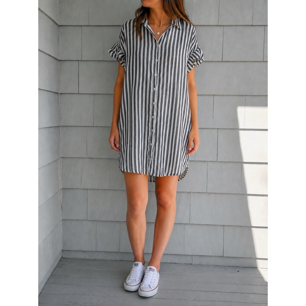 Madewell Striped Courier‎ Shirt Dress XS Black White Ruffle Sleeve Button Front